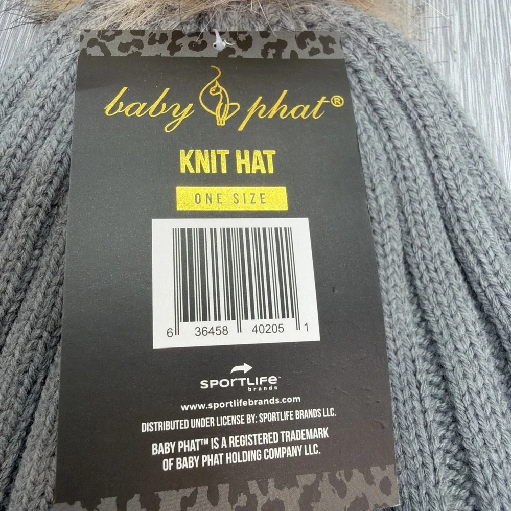 Baby Phat Beanie Knit Hat Grey‎ Faux Fur Pom Y2K Streetwear One Size